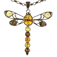 BALTIC AMBER AND STERLING SILVER 925 DRAGONFLY PENDANT NECKLACE - 14 16 18 20 22 24 26 28 30 32 34