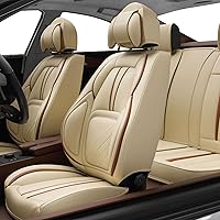 ASLONG 5PCS 2025 Front and Back Car Seat Covers Auto Interior Accessories with Water Proof Nappa Leather for Cars SUV Pick-up Truck Universal Comfortable and Breathable (Full Set, Beige)