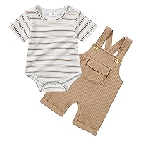 CARETOO Newborn Baby Boy Clothes,Infant Boy Romper Fall Winter Outfits Bodysuit 2Pcs Striped Long Sleeve Top Overalls 0-18M