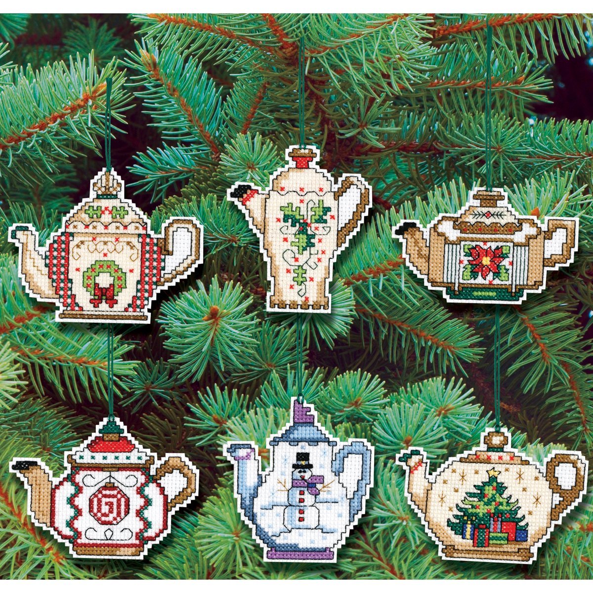 Prima Marketing Christmas Teapot Ornaments Counted Cross Stitch Kit, 3-Inch, Set of 6