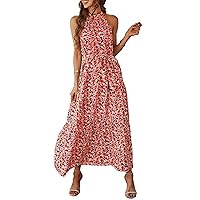 Pretty Garden Womens Floral Summer Sleeveless Halter Neck Flowy Ruffle Hem Long Boho Dresses With Belt