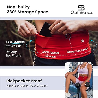 StashBandz Unisex Running Belt, Travel Money Belt, Fanny Pack, Waist Pack for Women and Men, 4 Big Security Pockets and Zipper, Fits All Size Phone, Passport, and More, Extra Wide Spandex