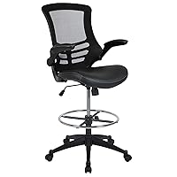 Flash Furniture Kelista Mid-Back Black Mesh Ergonomic Drafting Chair with LeatherSoft Seat | Adjustable Foot Ring, Flip-Up Arms | Comfort and Productivity