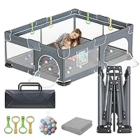POZILAN Foldable Baby Playpen, Baby Playpen with Mat for Babies and Toddlers, Baby Play Pen Portable Play Yard with 30PCS Ocean Balls and 4 Handlers, 59