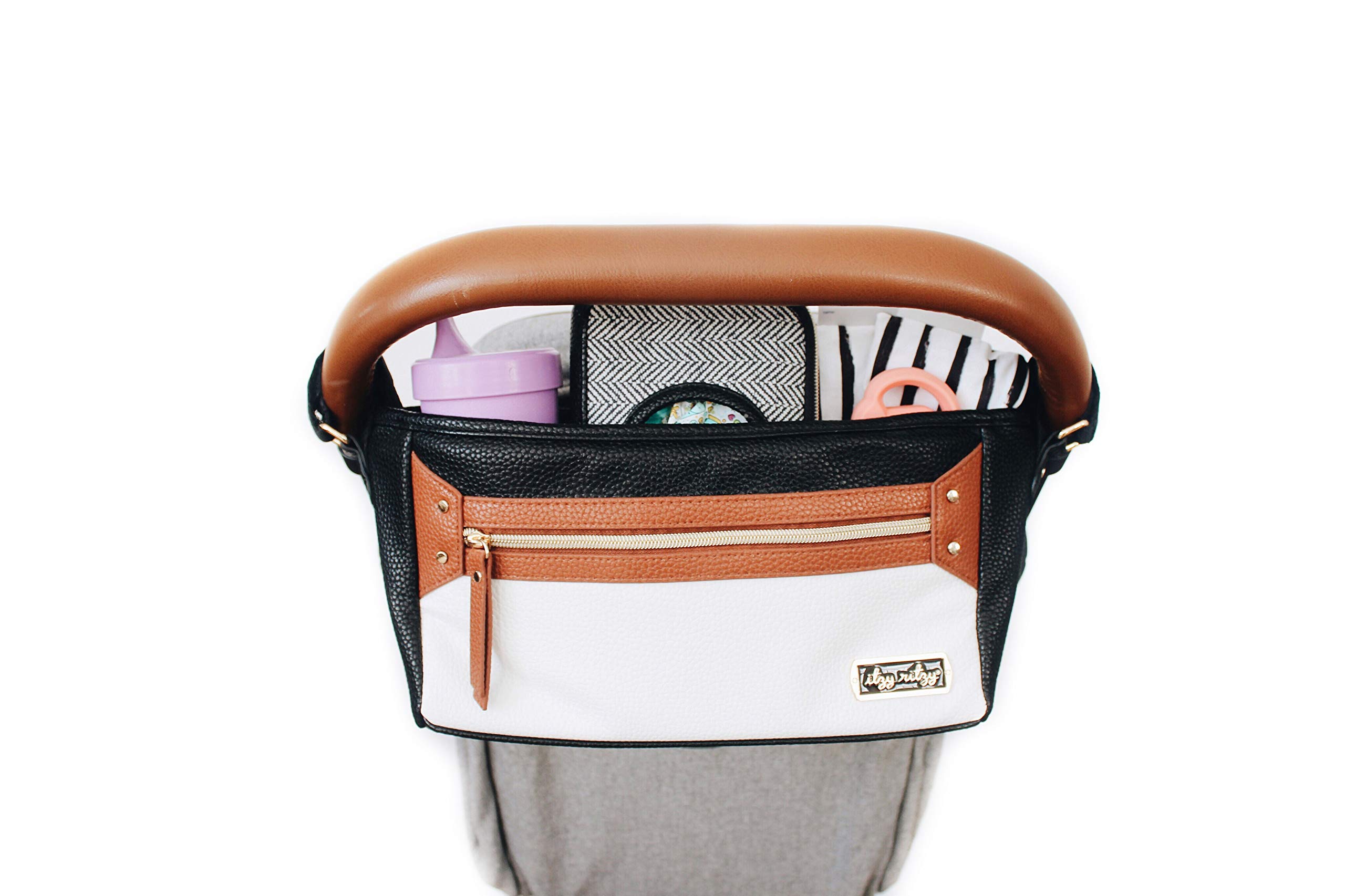 Itzy Ritzy Adjustable Stroller Caddy / Organizer Featuring Two Built-in Front Zippered Pocket and Adjustable Straps to Fit Nearly Any Stroller, Coffee and Cream