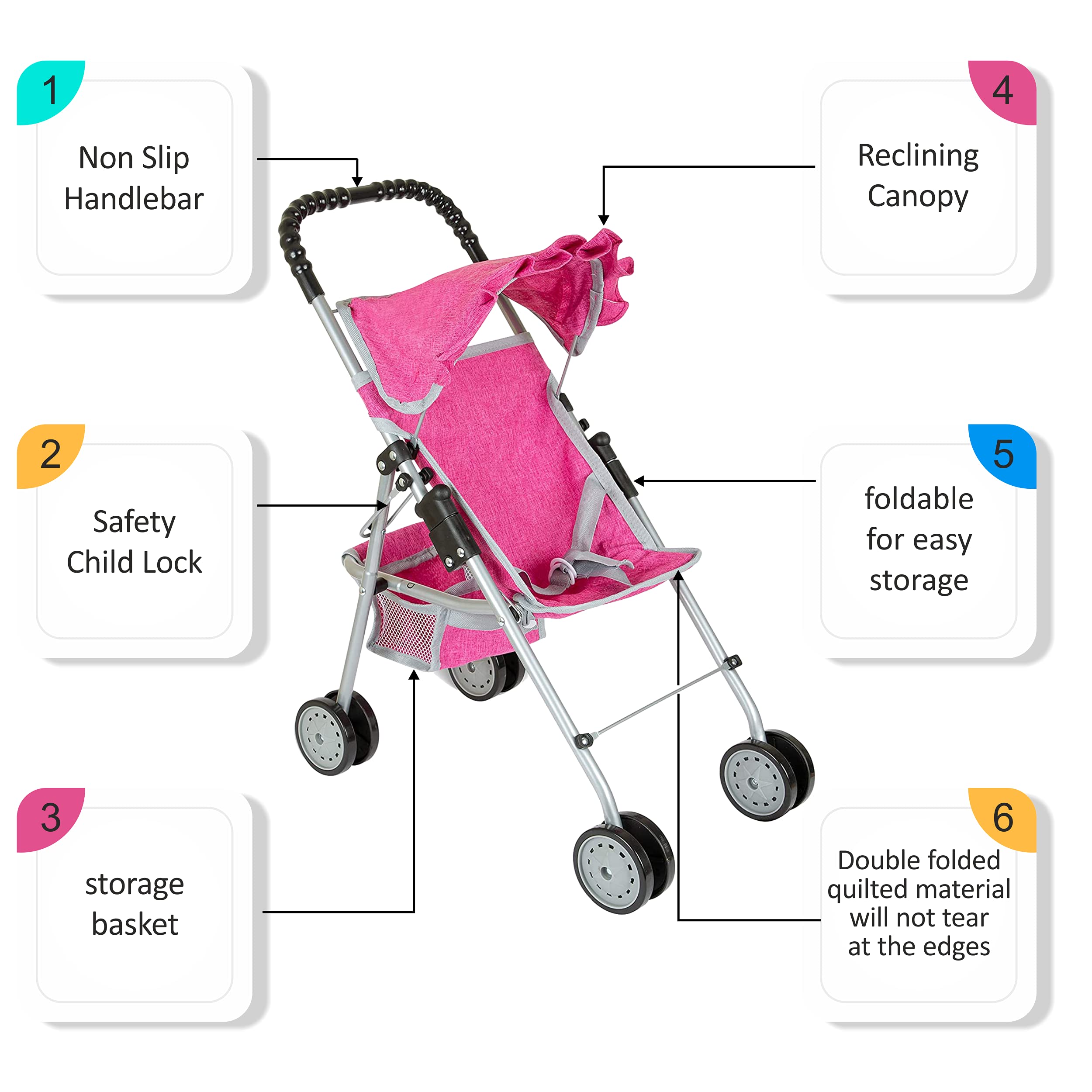 Fash N Kolor Doll Play Set 3 in 1 Doll Set, 1 Pack N Play, Doll Stroller, Doll High Chair Fits Up to 18'' Doll Denim Pink