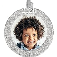 2021 Magnetic Glitter Christmas Photo Frame Ornament with Non Glare Photo Protector, Round - Silver