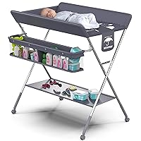 Baby Portable Changing Table - Foldable Changing Table with Wheels - Portable Diaper Changing Station - Adjustable Height Baby Changing Table-Safety Belt and Large Storage Rack for Infants