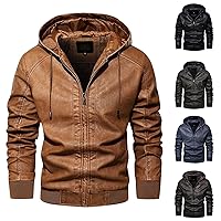 Mens Faux Leather Jacket, Men's Leather Jacket-Fall Winter Vintage Waterproof Motorcycle Faux Leather Jacket with Hood