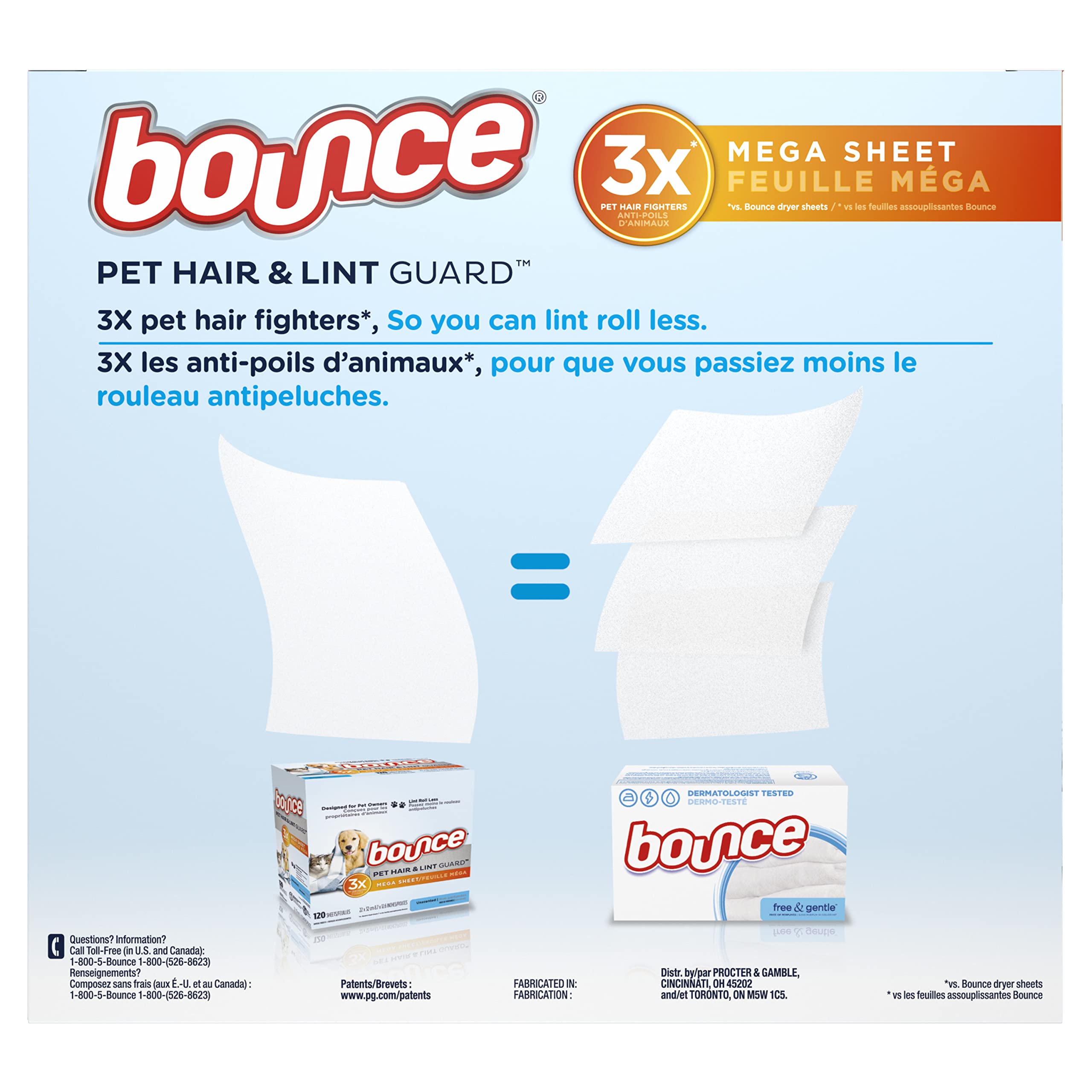 Bounce Pet Hair and Lint Guard Mega Fabric Softener Dryer Sheets with 3X Pet Hair Fighters, Unscented, 150 Count