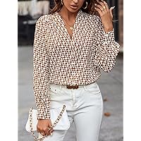 Women's Tops Sexy Tops for Women Shirts Allover Print Notched Neck Blouse Shirts for Women (Color : Khaki, Size : Medium)