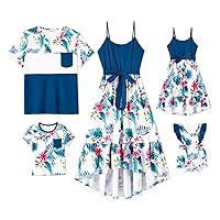 PATPAT Family Matching Outfits Mommy and Me Dresses Hawaiian Tropical Print Spaghetti Strap Dresses and T-Shirts Sets
