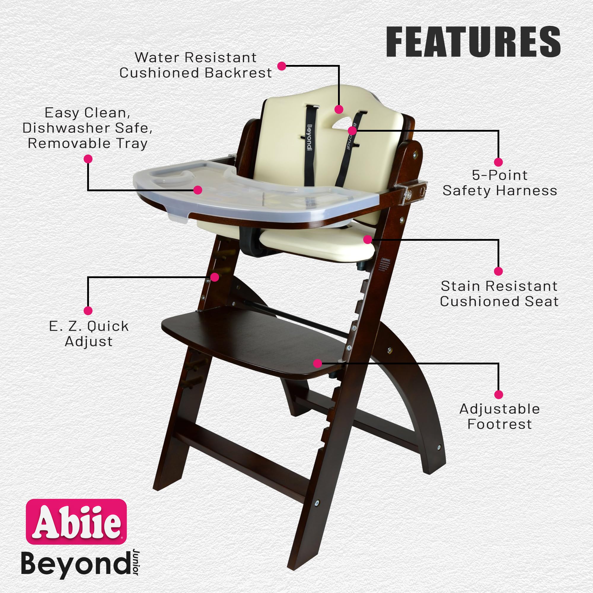 Abiie Beyond Junior Mahogany Wood/Cream Cushion Convertible 3-in-1 Wooden High Chairs for 6 Months to 250 lbs, and Ruby Wrapp Apricot Waterproof Silicone Bibs with Front Pocket - Baby Essentials