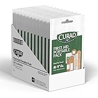 Curad First Aid Portable Pack, Ideal for Travel, Carry-on, Backpacks, Water Resistant Pouch, Variety Size Bandages, Alcohol Swabs, 12 Packs