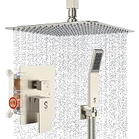 SR SUN RISE 12 Inch Ceiling Mount Brushed Nickel Shower System Bathroom Luxury Rain Mixer Shower Combo Set Ceiling Rainfall Shower Head System Faucet Trim Repair Kits with Rough-in Valve and Trim