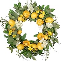 Bibelot 20 inch Artificial Lemon Wreath for Front Door Yellow Peony White Hydrangea Green Leaves Wreath with Big Berries Wreath Grapevine Wreath Spring Summer Wreath for Wall Window Party Decor