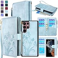 Compatible with Samsung Galaxy S23 Ultra 5G 2023 Case,[12 Card Slots] ID Credit Cash Holder Zipper Pocket Detachable Magnet Leather Wallet Cover with Wrist Strap Lanyard(Floral Sky Blue)
