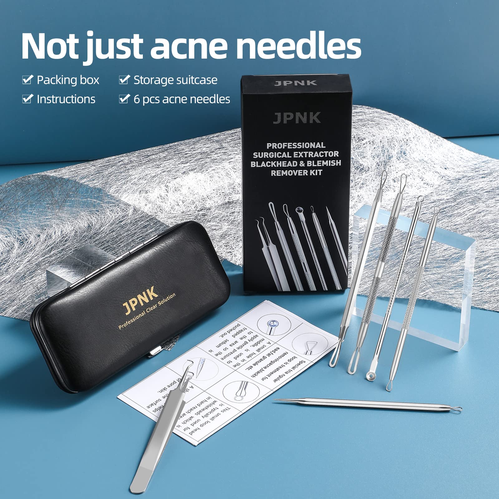 JPNK Blackhead Remover Tool Comedones Extractor Acne Removal Kit for Blemish, Whitehead Popping, 6 Pcs Zit Removing for Nose Face Tools with a Leather Bag