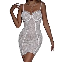 SOLY HUX Women's Floral Lace Sheer Cami Bodycon Dress Spaghetti Strap Sexy Pencil Short Dresses