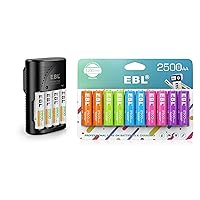 EBL AA AAA Battery Charger with AA Batteries 2800mAh 4 Counts and Rechargeable Double AA Battery 2500mAh 10 Counts