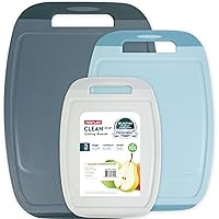 Neoflam Microban Antimicrobial Plastic Cutting Board 3 Sets, BPA Free, Non-Slip EZ Grip Handle, Dishwasher Safe, Reversable Use, Large Juice Grooves, Blue Gray