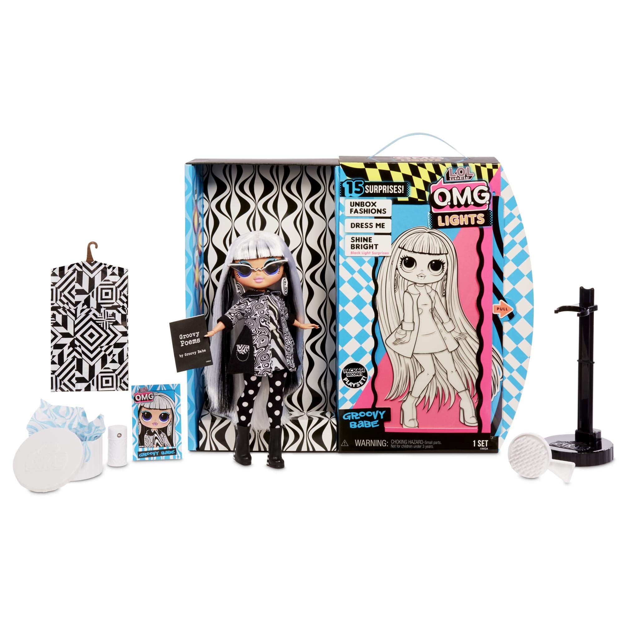 LOL Surprise OMG Lights Groovy Babe Fashion Doll with 15 Surprises Accessories Set | Includes Fashion Doll and Magic Black Light Surprises| Great Gift for Girls | Collectible