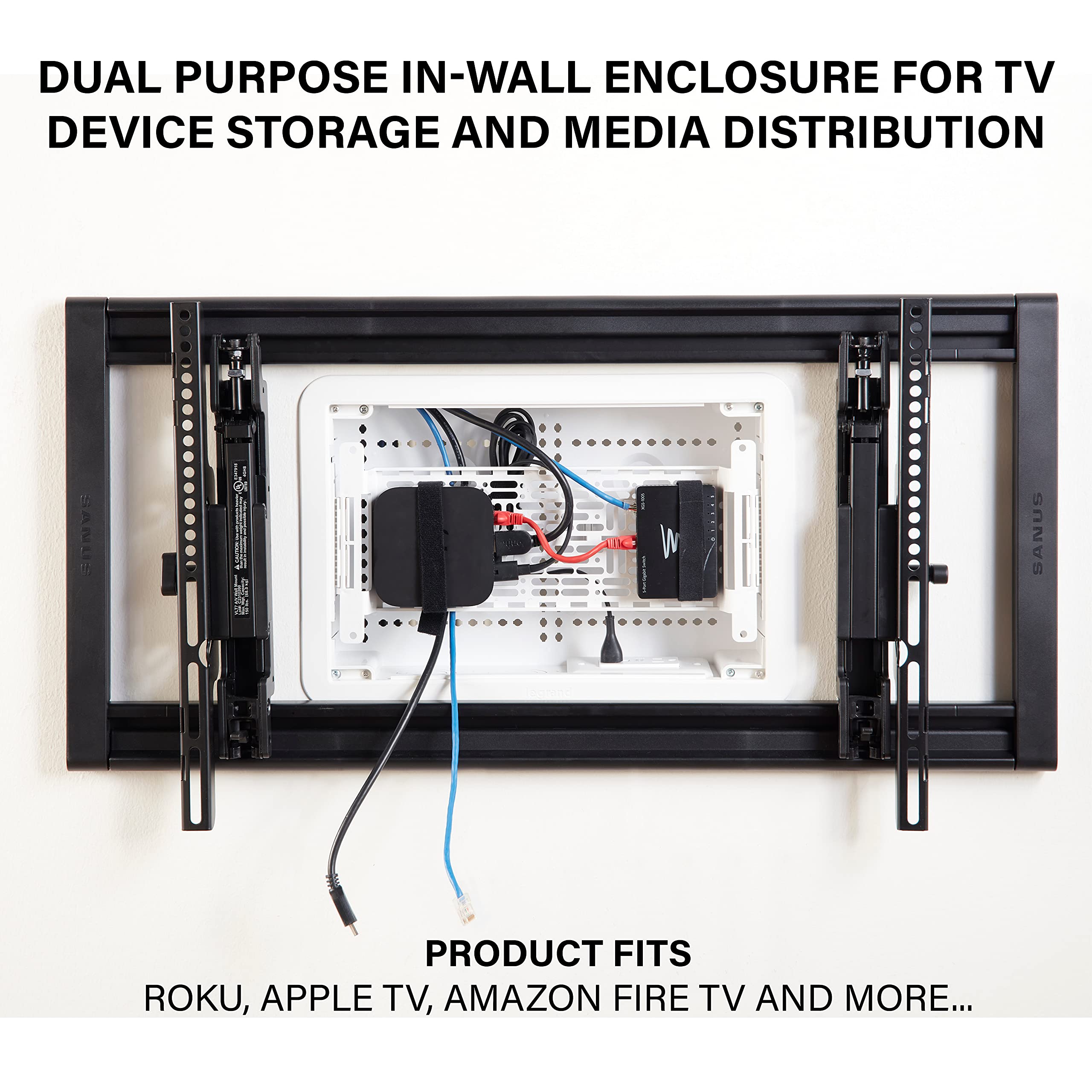 Legrand - OnQ 9 In. Structured Media Enclosure, Wall Cable Management to Organize System Devices, Home Networking Panel Dual Purpose In Wall Enclosure for Device Storage, Media Box, White, ENP0905NAV1