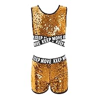 CHICTRY Kids Girls 2 Piece Shiny Sequins Gymnastics Crop Top with Shorts Athletic Outfit Sport Dance Activewear
