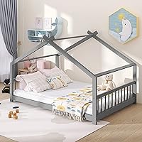 Merax Full Size Wooden House Bed with Roof, Gray