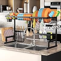 Over The Sink Dish Drying Rack,Adjustable,2 Tier Stainless Steel Dish Rack  Drainer, Large Stainless Steel Dish Rack Over Sink for Kitchen Counter  Organizer Storage Space Saver with Hooks (25.6-33.5) 