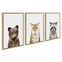 Kate and Laurel Sylvie Studio Bear, Studio Fox and Studio Raccoon Framed Canvas Wall Art by Amy Peterson Art Studio, 3 Piece 18x24 Natural, Adorable Animal Wall Décor