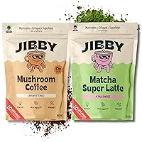 Jibby Mushroom Coffee and Matcha Super Latte Bundle - Low Caffeine Coffee Alternative with Collagen, MCT Oil, Superfood Mushrooms - Detox Mushroom Coffee Powder for Energy, Focus, and Digestion