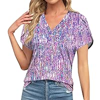 Womens Blouse, Plus Size Summer Clothes Sexy Summer Outfits for Women Ladies Short Sleeve Daily Tunic Retro Print Dressy Tee V-Neck Casual Shirt Summer Oversized Women's Fashion (Purple Pink,X-Large)