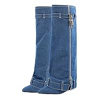 Richealnana Women's Denim Fold Over Knee High Boots Zipper Lock Pointed Toe Wedge Heel Long Boots