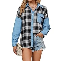Blooming Jelly Womens Denim Shacket Button Down Plaid Flannel Shirt Long Sleeve Color Block Fall Blouses