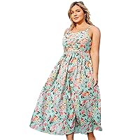 Hanna Nikole Plus Size Floral Maxi Dress Women Sundress with Spaghetti Straps Elegant Ruched Bust with Pocket Vacation Dress