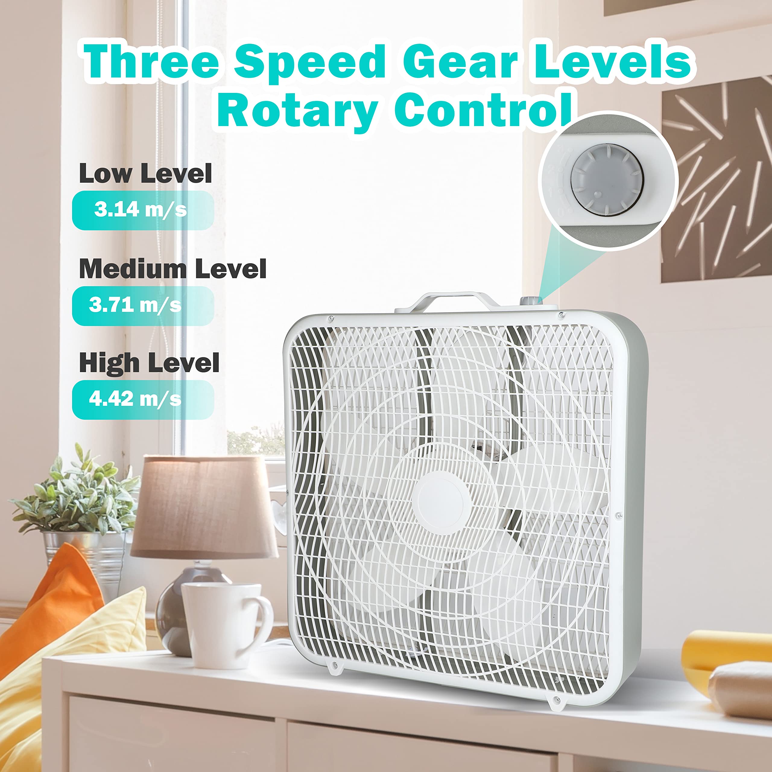 Simple Deluxe 20” Box Fan, 3-Speed Cooling Fan with Aerodynamic Shaped Fan Blades, Convenient Carry Handle and Safety Grills,White