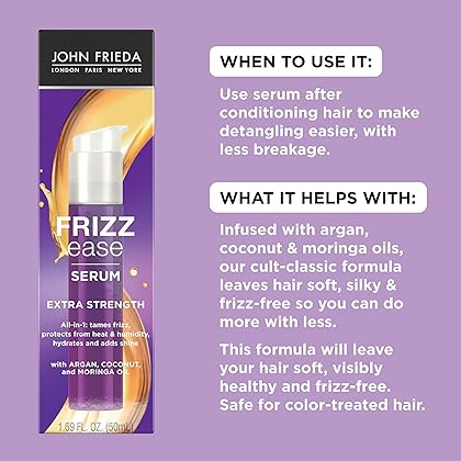 John Frieda Frizz Ease Extra Strength Hair Serum, Nourishing Hair Oil for Frizz Control, Heat Protectant with Argan & Coconut Oils, 1.69 fl oz (Package May Vary)