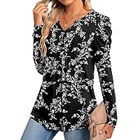 BISHUIGE Womens Casual Fall Top V Neck Loose Tunic Button Pleated Blouses