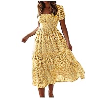 Women's Summer Square Neck Short Sleeve A Line Long Dress Boho Polka Dot Print High Waist Tiered Maxi Beach Dresses