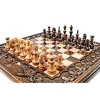 Luxury Chess Set Engraved Ararat- Personalized Wooden Backgammon and Checkers Armenian Carved Brown 19.6 inch