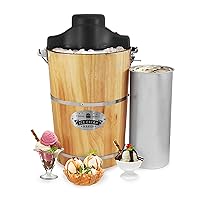 Old Fashioned 6 Quart Vintage Wood Bucket Electric Ice Cream Maker Machine Appalachian, Bonus Classic Die-Cast Hand Crank for Churning, Uses Ice and Rock Salt Churns Ice Cream in Minute