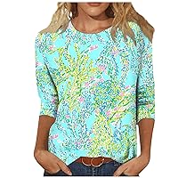 Women's 3/4 Sleeve Tops Summer Floral Printed Graphic Tees Trendy Crewneck Sweatshirts Shirts Casual Plus Size Blouses
