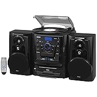 Bluetooth® 3 Speed Stereo Turntable 3 CD Changer Music System with Dual Cassette Deck, Pitch Control and Remote Control
