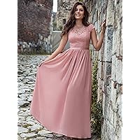 Dresses for Women Floral Lace Bodice Chiffon Ribbon Waist Maxi Formal Dress (Color : Baby Pink, Size : X-Large)
