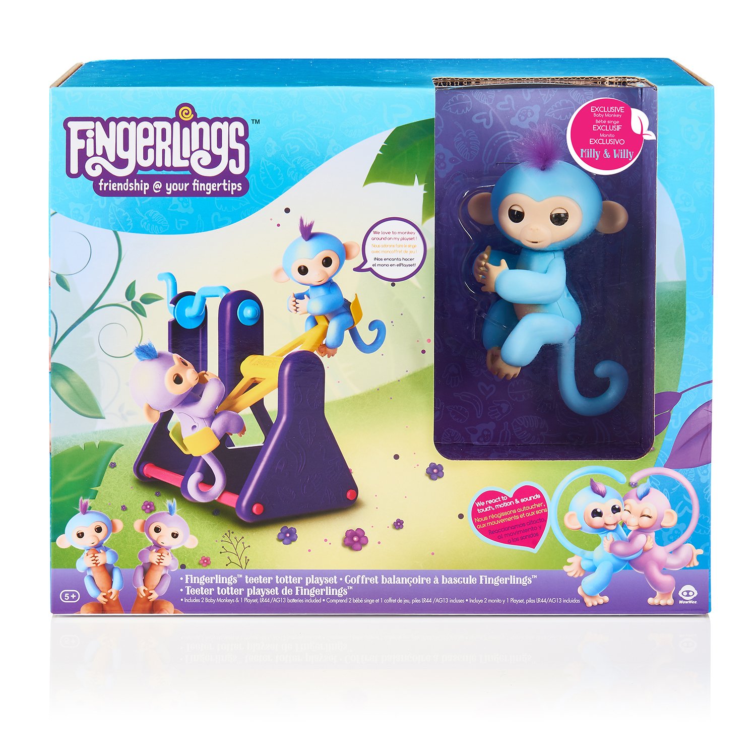 WowWee Fingerlings Playset – See-Saw with 2 Baby Monkey Toys, “Willy” (Blue) and “Milly” (Purple)