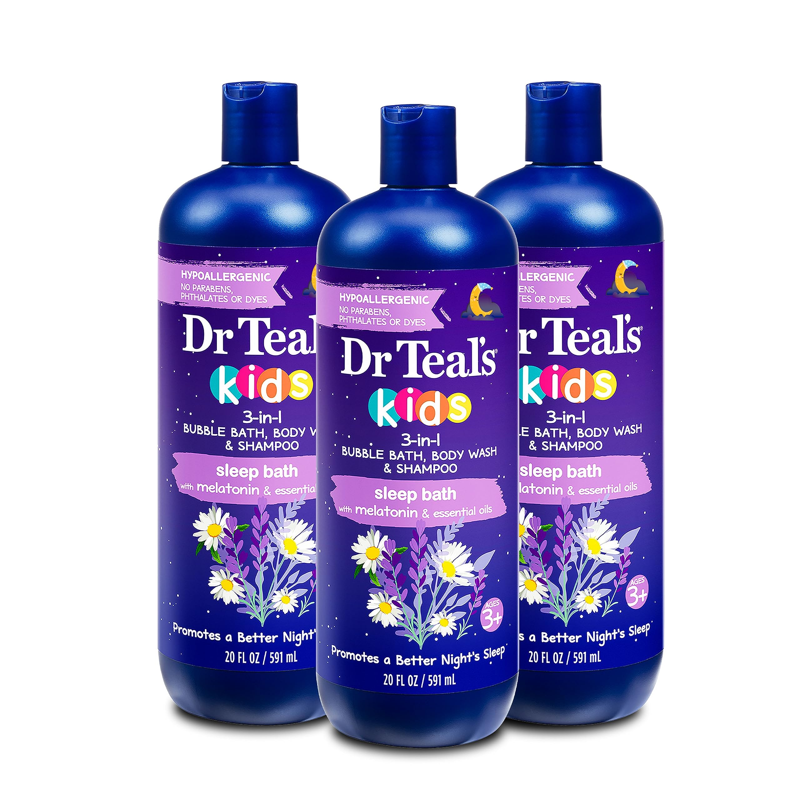 Dr Teal's Kids 3-in-1 Bubble Bath, Body Wash & Shampoo, Sleep Bath with Melatonin, 20 fl oz (Pack of 3)
