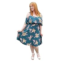 Plus Size Curvy Cold Shoulder Green Floral Summer Dress, Ruffled top,