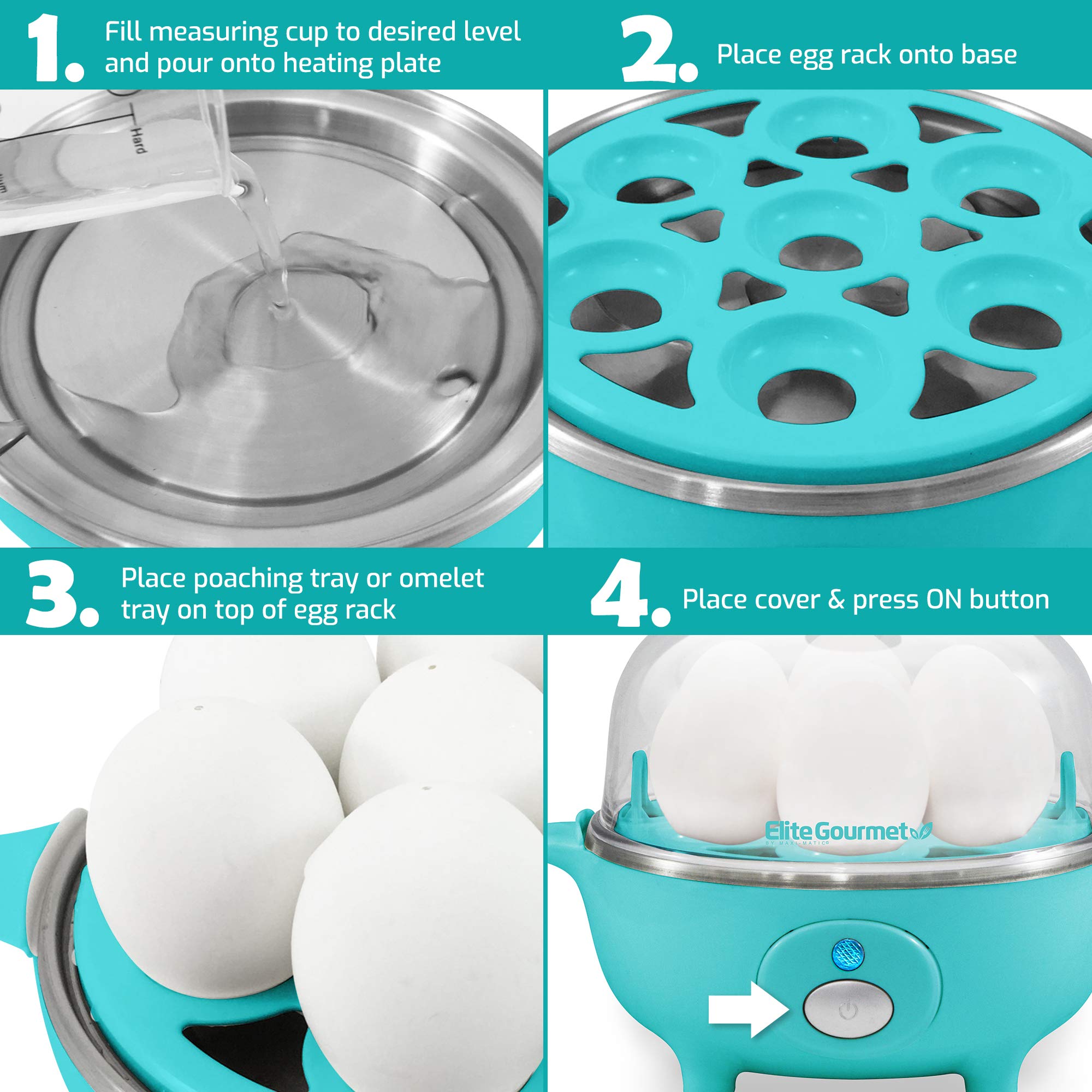Elite Gourmet Easy Electric 7 Egg Capacity Soft, Medium, Hard-Boiled Cooker Poacher, Scrambled, Omelet Maker with Auto Shut-Off and Buzzer, BPA Free