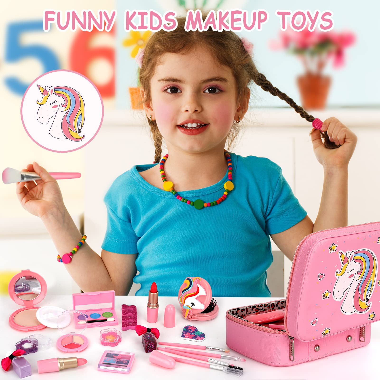 Kids Makeup Kit for Girls, Real Washable Makeup Set for Girls, Makeup for Kids, Girl Toys Princess Children Play Makeup Kit with Cosmetic Case Christmas Birthday Gifts for 4 5 6 7 8 Years Old Girls